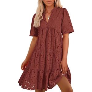 BTFBM Womens Boho Summer Dresses 2026 Spring V Neck Short Sleeve Hollow Out Lace Ruffle Casual Beach Mini Vacation Dress(Brown Red)
