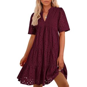 BTFBM Womens Boho Summer Dresses 2026 Spring V Neck Short Sleeve Hollow Out Lace Ruffle Casual Beach Mini Vacation Dress(Burgundy)