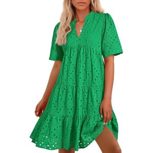 BTFBM Womens Boho Summer Dresses 2026 Spring V Neck Short Sleeve Hollow Out Lace Ruffle Casual Beach Mini Vacation Dress(Green)