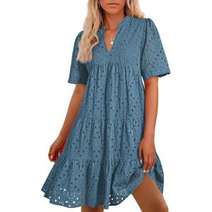 BTFBM Womens Boho Summer Dresses 2026 Spring V Neck Short Sleeve Hollow Out Lace Ruffle Casual Beach Mini Vacation Dress(Grey Blue)