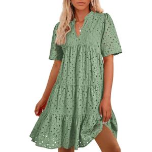 BTFBM Womens Boho Summer Dresses 2026 Spring V Neck Short Sleeve Hollow Out Lace Ruffle Casual Beach Mini Vacation Dress(Grey Green)
