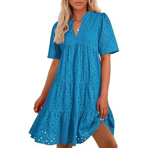 BTFBM Womens Boho Summer Dresses 2026 Spring V Neck Short Sleeve Hollow Out Lace Ruffle Casual Beach Mini Vacation Dress(Lake Blue)