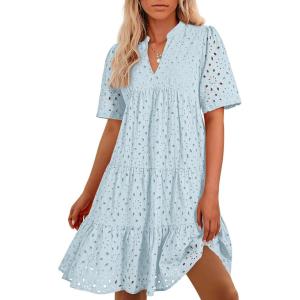 BTFBM Womens Boho Summer Dresses 2026 Spring V Neck Short Sleeve Hollow Out Lace Ruffle Casual Beach Mini Vacation Dress(Light Blue)
