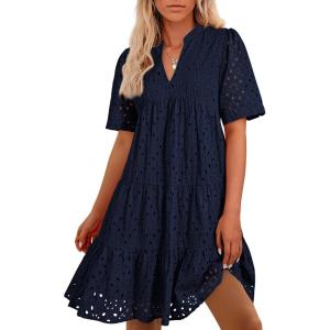 BTFBM Womens Boho Summer Dresses 2026 Spring V Neck Short Sleeve Hollow Out Lace Ruffle Casual Beach Mini Vacation Dress(Navy)