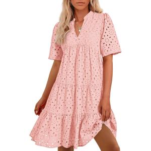 BTFBM Womens Boho Summer Dresses 2026 Spring V Neck Short Sleeve Hollow Out Lace Ruffle Casual Beach Mini Vacation Dress(Pink)
