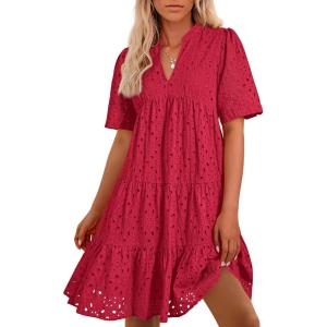 BTFBM Womens Boho Summer Dresses 2026 Spring V Neck Short Sleeve Hollow Out Lace Ruffle Casual Beach Mini Vacation Dress(Red)