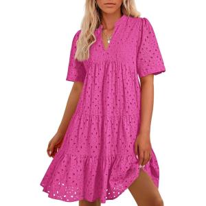 BTFBM Womens Boho Summer Dresses 2026 Spring V Neck Short Sleeve Hollow Out Lace Ruffle Casual Beach Mini Vacation Dress(Rose Red)