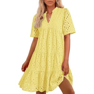 BTFBM Womens Boho Summer Dresses 2026 Spring V Neck Short Sleeve Hollow Out Lace Ruffle Casual Beach Mini Vacation Dress(Yellow)