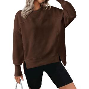 BTFBM Women’s Casual Crewneck Sweatshirts 2025 Spring Fall Clothes Long Sleeve Side Slit Workout Fleece Pullover Tops(Coffee)