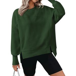 BTFBM Women’s Casual Crewneck Sweatshirts 2025 Spring Fall Clothes Long Sleeve Side Slit Workout Fleece Pullover Tops(Dark Green)