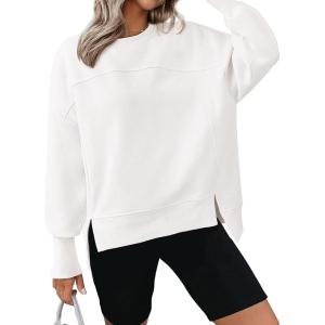 BTFBM Women’s Casual Crewneck Sweatshirts 2025 Spring Fall Clothes Long Sleeve Side Slit Workout Fleece Pullover Tops(White)