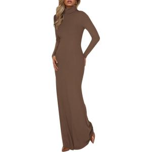 BTFBM Womens Dresses Long Sleeve Turtle Neck Stretchy Knit Long Maxi Semi Formal Party Fall Wedding Guest Dress 2025(Brown)