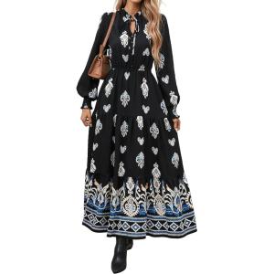 BTFBM Women’s Fall Wedding Guest Dresses 2025 Casual Floral Long Sleeve V Neck Front Tie Flowy Boho Maxi Dress Pockets(Black White Flower)