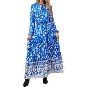 BTFBM Women’s Fall Wedding Guest Dresses 2025 Casual Floral Long Sleeve V Neck Front Tie Flowy Boho Maxi Dress Pockets(Blue White Flower)