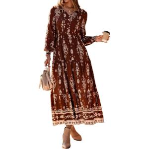 BTFBM Women’s Fall Wedding Guest Dresses 2025 Casual Floral Long Sleeve V Neck Front Tie Flowy Boho Maxi Dress Pockets(Brown)
