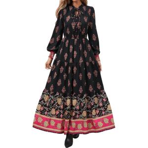 BTFBM Women’s Fall Wedding Guest Dresses 2025 Casual Floral Long Sleeve V Neck Front Tie Flowy Boho Maxi Dress Pockets(Floral Black Multicolored)