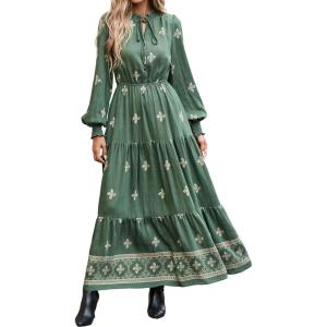 BTFBM Women’s Fall Wedding Guest Dresses 2025 Casual Floral Long Sleeve V Neck Front Tie Flowy Boho Maxi Dress Pockets(Floral Green)