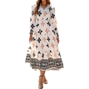 BTFBM Women’s Fall Wedding Guest Dresses 2025 Casual Floral Long Sleeve V Neck Front Tie Flowy Boho Maxi Dress Pockets(Floral White Multicolored)