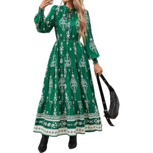 BTFBM Women’s Fall Wedding Guest Dresses 2025 Casual Floral Long Sleeve V Neck Front Tie Flowy Boho Maxi Dress Pockets(Green White Flower)