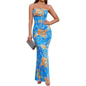 BTFBM Women’s Floral Maxi Dresses Summer 2026 Strapless Tube Bodycon Mesh Layered Cocktail Party Wedding Guest Dress(Floral Blue)