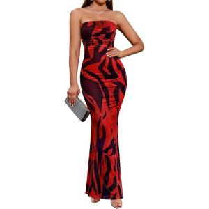 BTFBM Women’s Floral Maxi Dresses Summer 2026 Strapless Tube Bodycon Mesh Layered Cocktail Party Wedding Guest Dress(Floral Red)