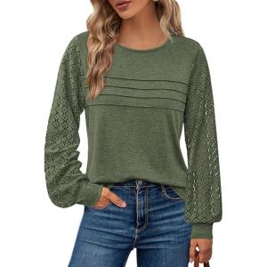 BTFBM Women’s Long Sleeve Shirts Dressy Lace Fall Tops 2025 Trendy Business Casual T-Shirts Cute Work Outfits Blouses(Army Green)