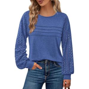 BTFBM Women’s Long Sleeve Shirts Dressy Lace Fall Tops 2025 Trendy Business Casual T-Shirts Cute Work Outfits Blouses(Blue)