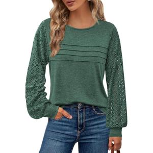 BTFBM Women’s Long Sleeve Shirts Dressy Lace Fall Tops 2025 Trendy Business Casual T-Shirts Cute Work Outfits Blouses(Dark Green)