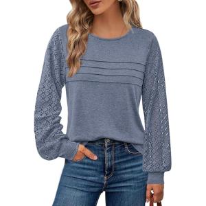 BTFBM Women’s Long Sleeve Shirts Dressy Lace Fall Tops 2025 Trendy Business Casual T-Shirts Cute Work Outfits Blouses(Grey Blue)