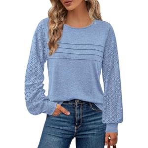 BTFBM Women’s Long Sleeve Shirts Dressy Lace Fall Tops 2025 Trendy Business Casual T-Shirts Cute Work Outfits Blouses(Light Blue)