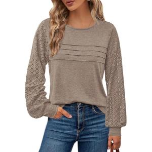 BTFBM Women’s Long Sleeve Shirts Dressy Lace Fall Tops 2025 Trendy Business Casual T-Shirts Cute Work Outfits Blouses(Taupe)