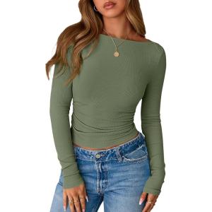 BTFBM Womens Long Sleeve T Shirts Spring Clothes 2026 Ribbed Slim Fit Boat Neck Casual Going Out Tops Workout Outfits(Army Green)
