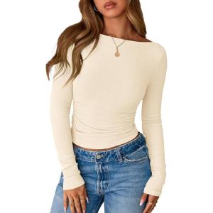 BTFBM Womens Long Sleeve T Shirts Spring Clothes 2026 Ribbed Slim Fit Boat Neck Casual Going Out Tops Workout Outfits(Beige)