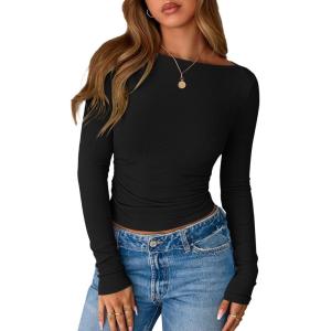 BTFBM Womens Long Sleeve T Shirts Spring Clothes 2026 Ribbed Slim Fit Boat Neck Casual Going Out Tops Workout Outfits(Black)