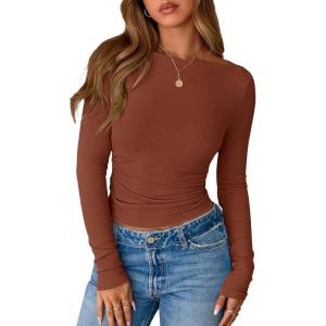 BTFBM Womens Long Sleeve T Shirts Spring Clothes 2026 Ribbed Slim Fit Boat Neck Casual Going Out Tops Workout Outfits(Brown)