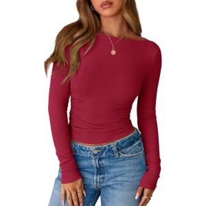 BTFBM Womens Long Sleeve T Shirts Spring Clothes 2026 Ribbed Slim Fit Boat Neck Casual Going Out Tops Workout Outfits(Burgundy)