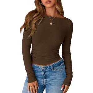 BTFBM Womens Long Sleeve T Shirts Spring Clothes 2026 Ribbed Slim Fit Boat Neck Casual Going Out Tops Workout Outfits(Chocolate Brown)