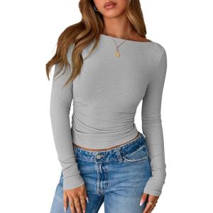 BTFBM Womens Long Sleeve T Shirts Spring Clothes 2026 Ribbed Slim Fit Boat Neck Casual Going Out Tops Workout Outfits(Grey)