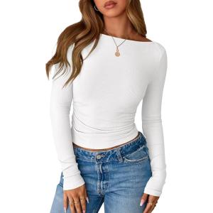 BTFBM Womens Long Sleeve T Shirts Spring Clothes 2026 Ribbed Slim Fit Boat Neck Casual Going Out Tops Workout Outfits(White)
