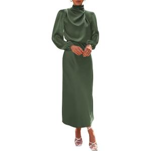 BTFBM Womens Mock Neck Satin Dress Spring Summer 2026 Long Sleeve Lightweight Formal Wedding Party Maxi Cocktail Dresses(Army Green)