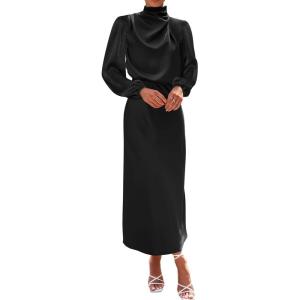 BTFBM Womens Mock Neck Satin Dress Spring Summer 2026 Long Sleeve Lightweight Formal Wedding Party Maxi Cocktail Dresses(Black)