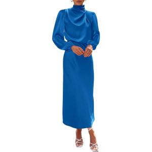 BTFBM Womens Mock Neck Satin Dress Spring Summer 2026 Long Sleeve Lightweight Formal Wedding Party Maxi Cocktail Dresses(Brilliant Blue)