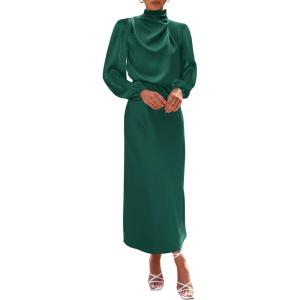 BTFBM Womens Mock Neck Satin Dress Spring Summer 2026 Long Sleeve Lightweight Formal Wedding Party Maxi Cocktail Dresses(Dark Green)