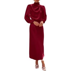 BTFBM Womens Mock Neck Satin Dress Spring Summer 2026 Long Sleeve Lightweight Formal Wedding Party Maxi Cocktail Dresses(Deep Red)