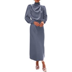 BTFBM Womens Mock Neck Satin Dress Spring Summer 2026 Long Sleeve Lightweight Formal Wedding Party Maxi Cocktail Dresses(Grey Blue)