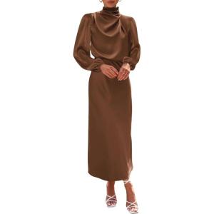 BTFBM Womens Mock Neck Satin Dress Spring Summer 2026 Long Sleeve Lightweight Formal Wedding Party Maxi Cocktail Dresses(Khaki)