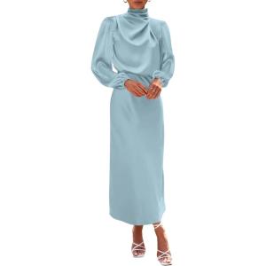 BTFBM Womens Mock Neck Satin Dress Spring Summer 2026 Long Sleeve Lightweight Formal Wedding Party Maxi Cocktail Dresses(Light Blue)