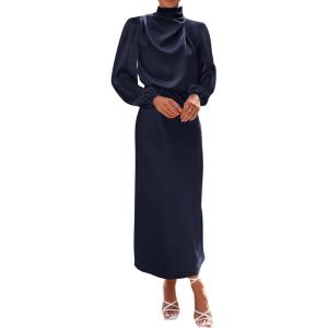 BTFBM Womens Mock Neck Satin Dress Spring Summer 2026 Long Sleeve Lightweight Formal Wedding Party Maxi Cocktail Dresses(Navy)