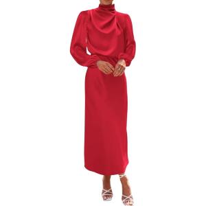 BTFBM Womens Mock Neck Satin Dress Spring Summer 2026 Long Sleeve Lightweight Formal Wedding Party Maxi Cocktail Dresses(Red)