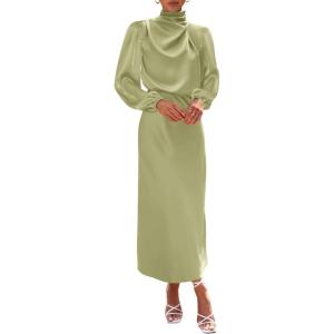 BTFBM Womens Mock Neck Satin Dress Spring Summer 2026 Long Sleeve Lightweight Formal Wedding Party Maxi Cocktail Dresses(Tender Green)